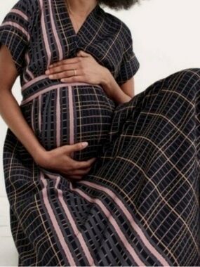 Hatch Black Plaid Maternity Maxi Skirt with Pink Stripes